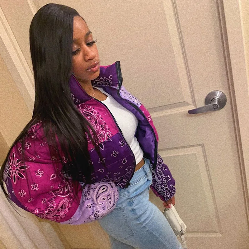 
Moodylime Best Selling Women Bubble Coat Customized Patchwork Winter Pasiley Print Bomber Puffer Jacket 