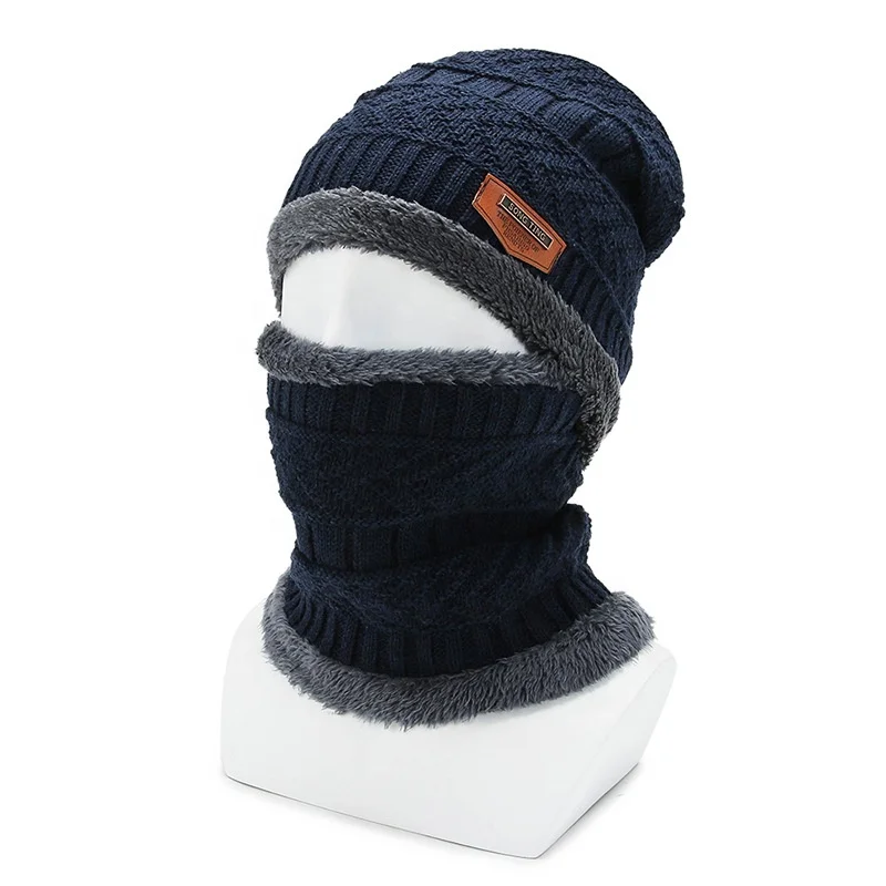 Factory Wholesale Winter Knitted Hat And Scarf Set Fleece Lining Slouchy Beanie Bonnet With SONG TING Leather Patch
