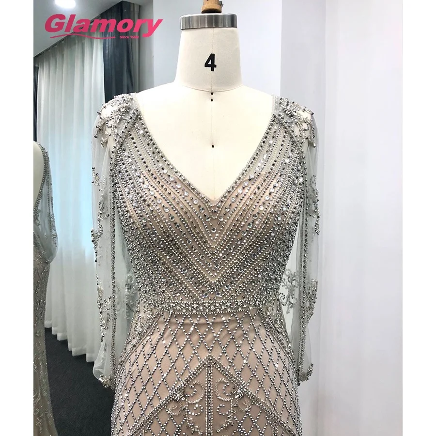 Silver 2020 NEW Design Sexy Hand Made Beading With Drape On Back V-Neck Mermaid Evening Dress