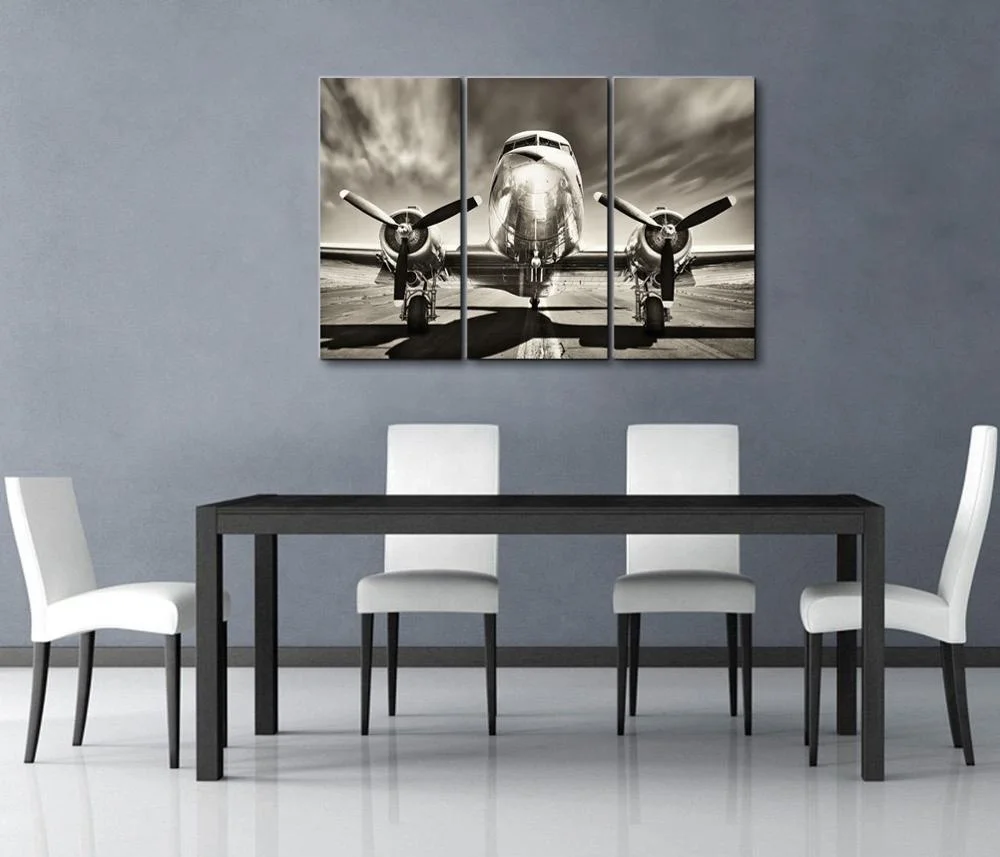 Винтажная Настенная картина в виде самолета из 3 предметов, черно-белый пропеллер, картина в виде самолета для мальчика, комнаты, дома, офиса, Современный домашний декор