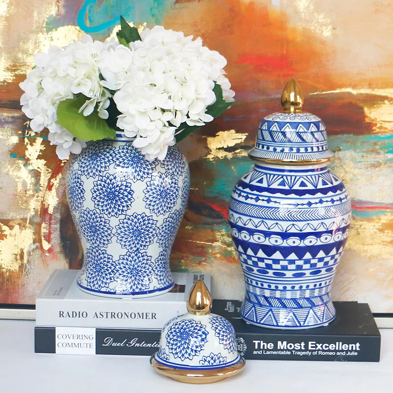 Сине-белые китайские керамические банки для обычных дужек, фарфоровые Роскошные вазы для цветов, украшение для дома под глазурью, оптовая продажа