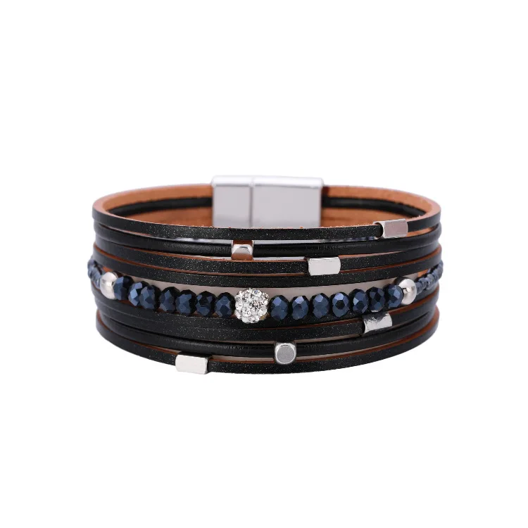 Bohemian Ethnic Style Jewelry Multi Layer Leather Wrap Bracelet Fashion Retro Exquisite Crystal Beads Wrist Bands