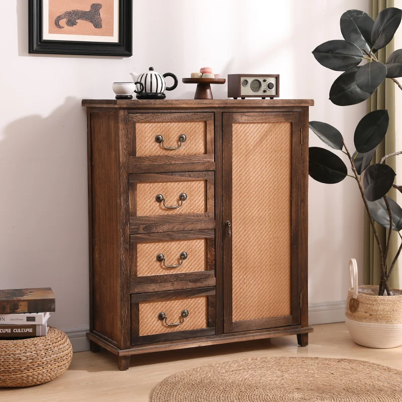 Solid wood storage cabinet living room multi-drawer rattan storage cabinet home farmhouse music decorative sideboard
