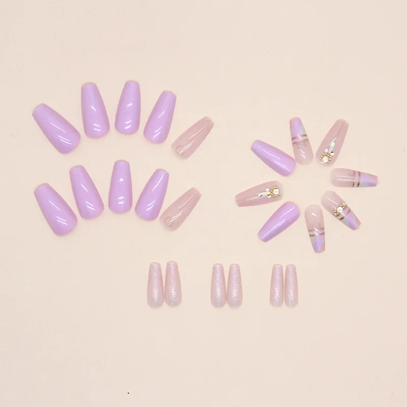 wholesale luxury Purple Aurora Diamond acrylic press on nail kit with glue fingernails acrylic false nails press on nails