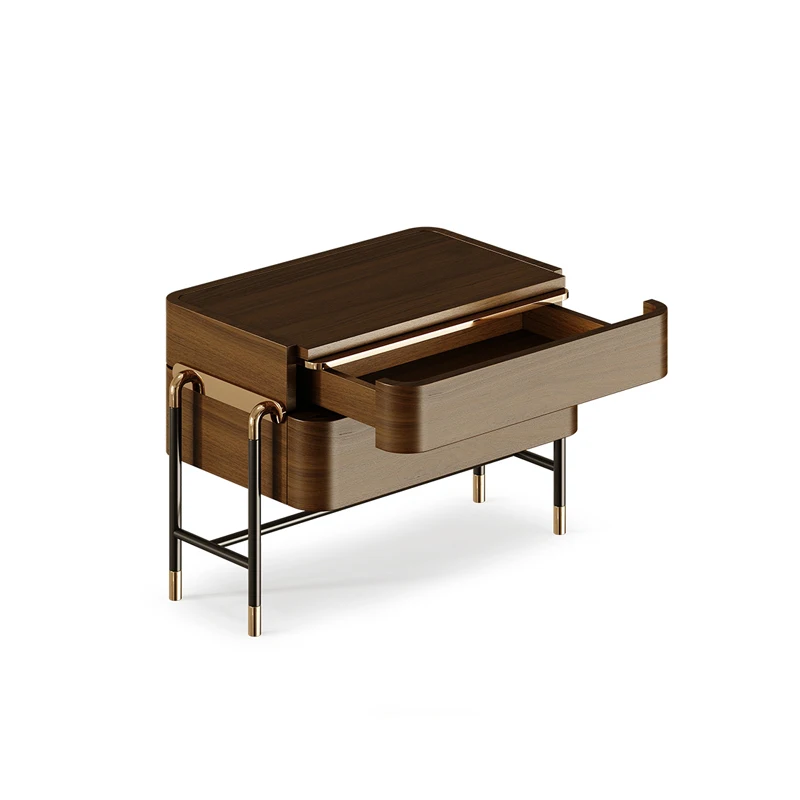 Nightstand Bedroom table furniture stainless steel base Bedside cabinet walnut night stand