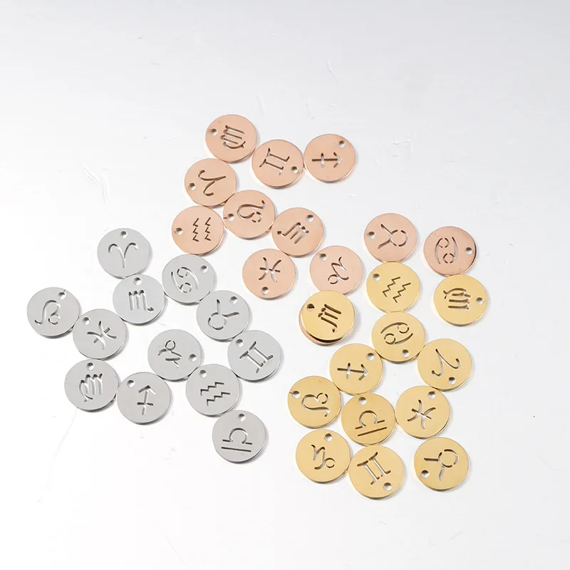 12Pcs/Set Round Hollow Out 12 Zodiac Sign Coin Accessories Stainless Steel Horoscope Necklace Pendants Charms for Jewelry Making