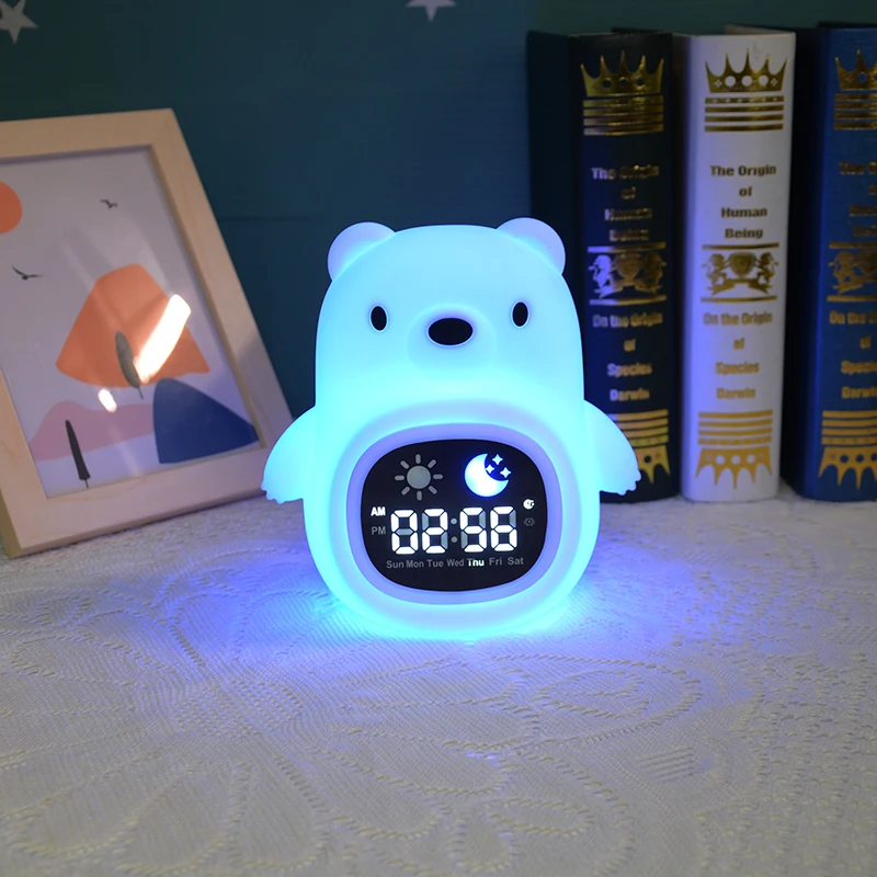 Wholesale Bear Shape Neon Light Clock Calendar System Baby Nursery Room Clock Lamp Kid Sleep Trainer Alarm Clock for Desk &Table
