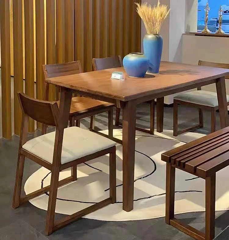 Solid Wood Rectangular Curved live Edge Dining Table With 6 Wooden Chairs 7 Pieces of Set Walnut Color Simple Dining Room Set