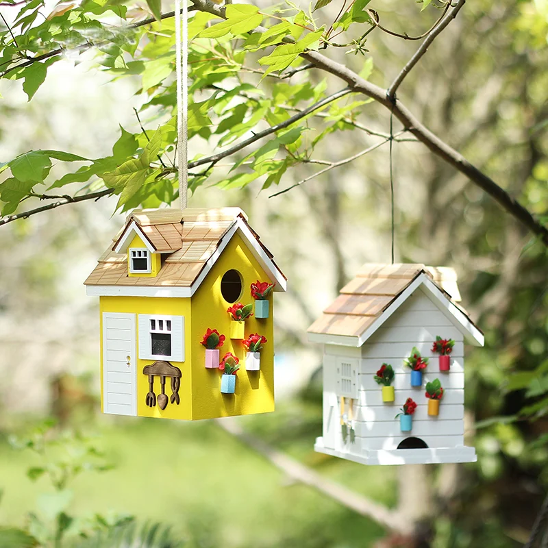 creative simple box type, bird house nest wood outdoor with original tree bark and hook rope for small wild bird rest stand/