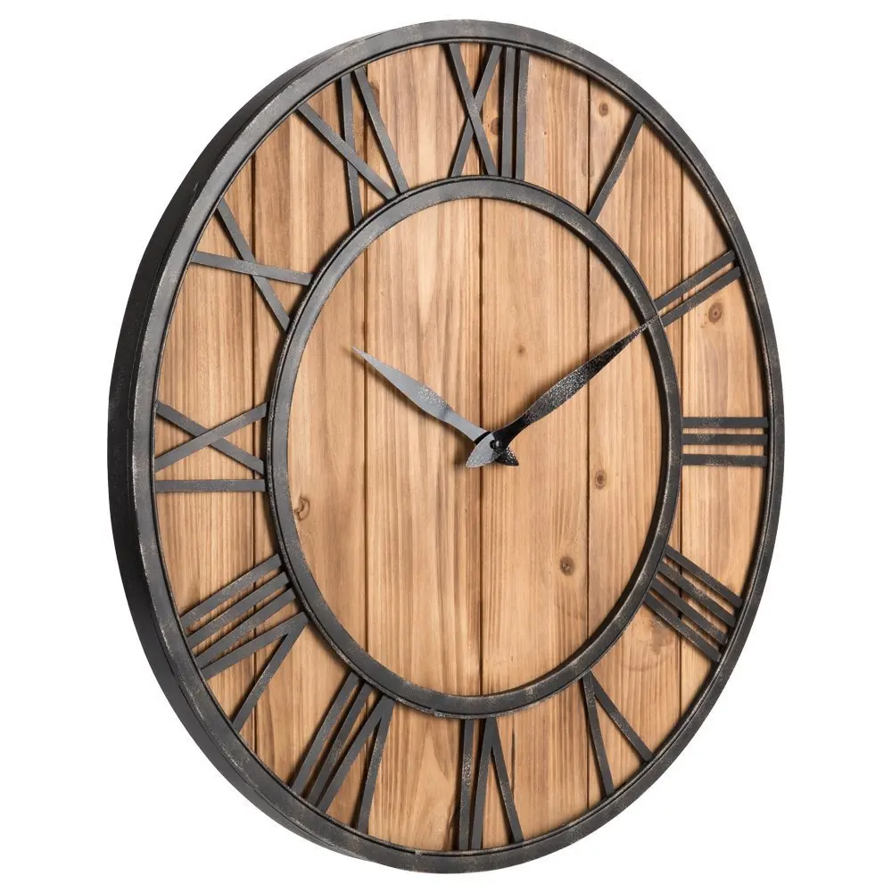 American Solid Wood Circular Iron Art Wall Clock Silent Home Antique Style for Dining Room