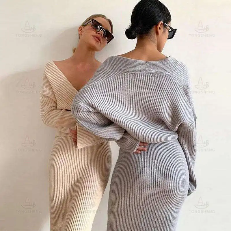OEM ODM Manufacturer Custom Autumn Winter Knitted Dress Supplier Women Clothing Long Sleeve Sweater Skirt Set