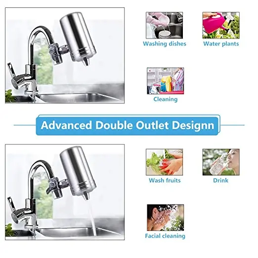 304 stainless steel faucet water purifier with ceramic filter cartridge, can remove sand, silt, rust, red worms, etc.