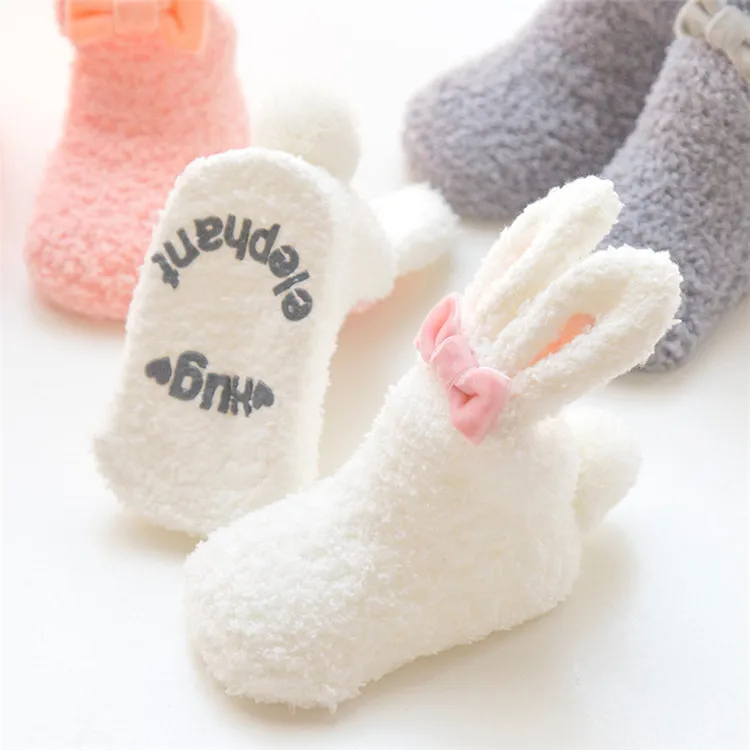 Wholesale cold winter warm thicken baby socks coral wool cartoon rabbit non-slip baby floor socks newborn baby socks