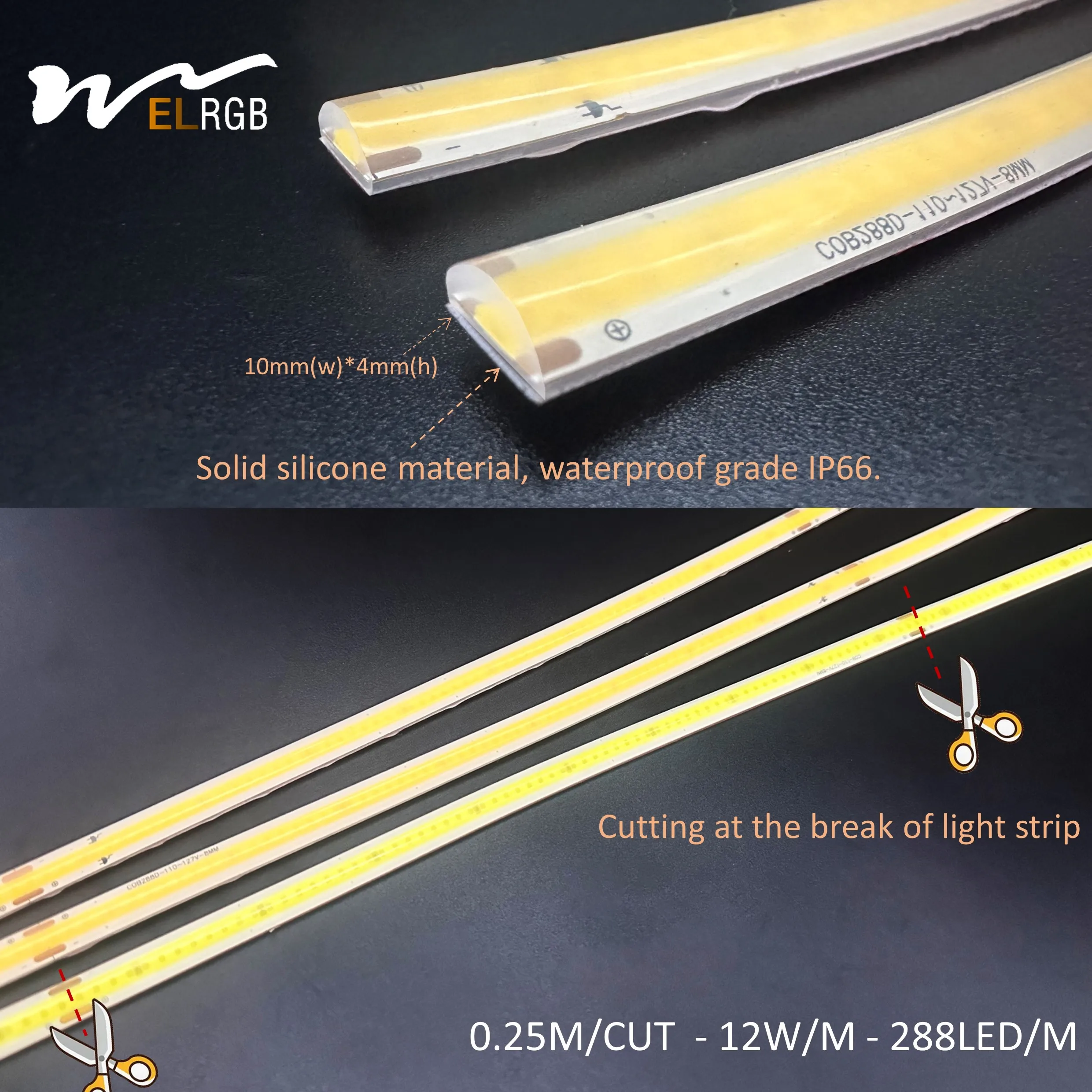 110V 220V Self-adhesive COB Smart Light Strip White/Warm White 288 LED/M  IP67 Solid Silicone waterproof light 110V led strip