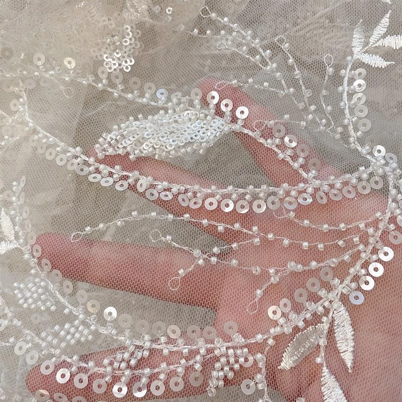 New Style Beaded Shiny Bridal Lace Fabric white Flowers, Branches and Leaves Sequined Mesh Embroidery Fabric