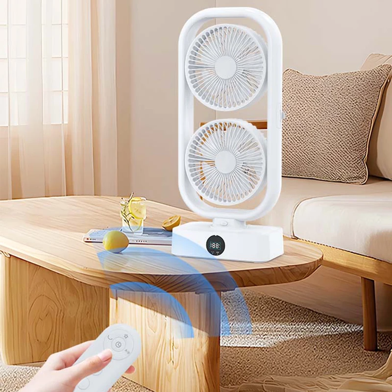 Exclusive Dual-head Floor Rotating Remote Twin Tower Fan 10000mAh Electric USB Rechargeable Power Bank Table Fan with LED Lights
