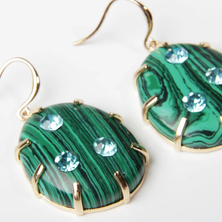V&R Qingdao Jewelry Bijoux French Wire Earring Big Synthetic Malachite Stone Blue Zircon Rhinestone Gold Plated Earrings