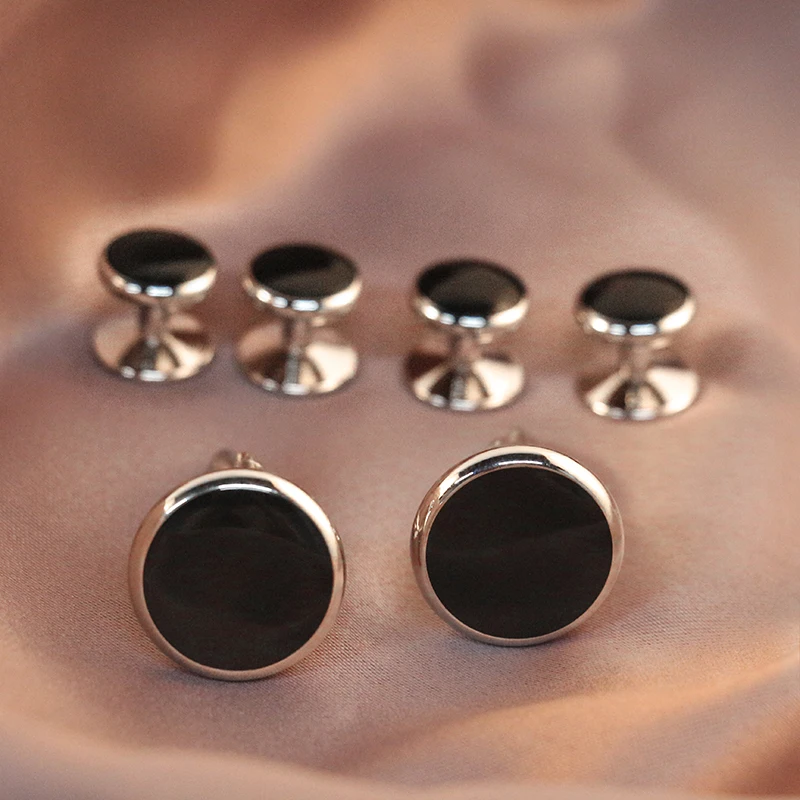 2024 new boyi Ready to ship round black soft enamel mens cufflinks and studs set tuxedo shirts