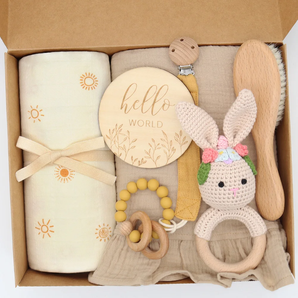 2023 New Baby Muslin Swaddle Blanket Set Bamboo Cotton 47*47 inches Floral Printed Newborn Wraps toys brush Set