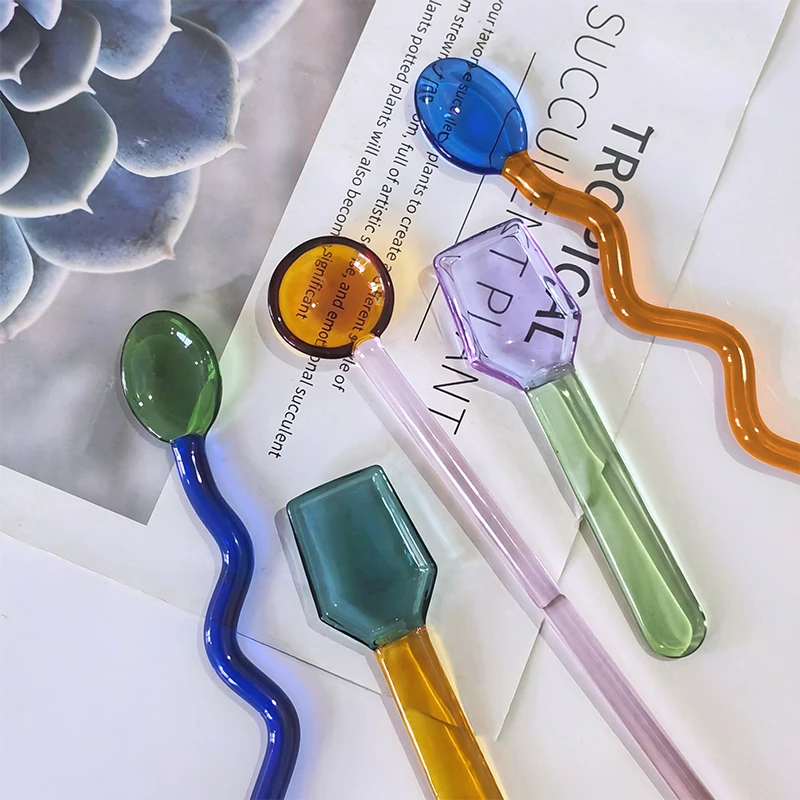 Multi-color Spoon Eco-friendly Twisted Creative Glass Spoon Straw Wavy Spoons for party Smoothies Milkshake