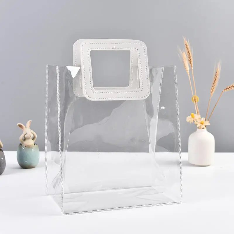 Wholesale Clear Plastic Gift Bags with Leather Handle Reusable Handbag Transparent PVC Plastic Gift Wrap Tote Bag