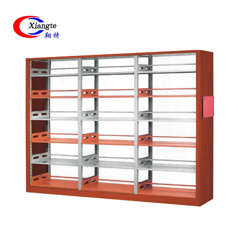 Прочная школьная мебель для библиотеки, двухстоечная деревянная стальная двухсторонняя книжная полка