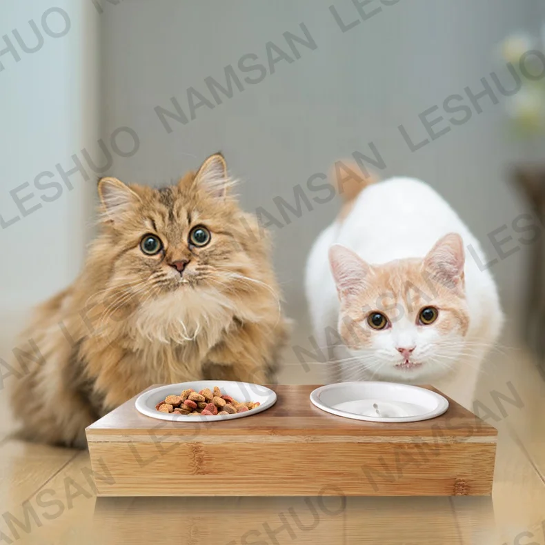 Ceramic Bowl Small Pet Dog Bamboo Wooden Bowl Elevated Stand Feeder Dining Table with White Double Cat Bowls