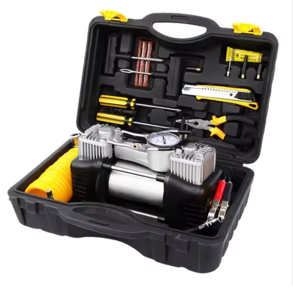 Portable 12V DC Mini Air Pump Car Tyre Inflator Heavy Duty Double Cylinder Auto Digital Tire Inflator Tool Set Black
