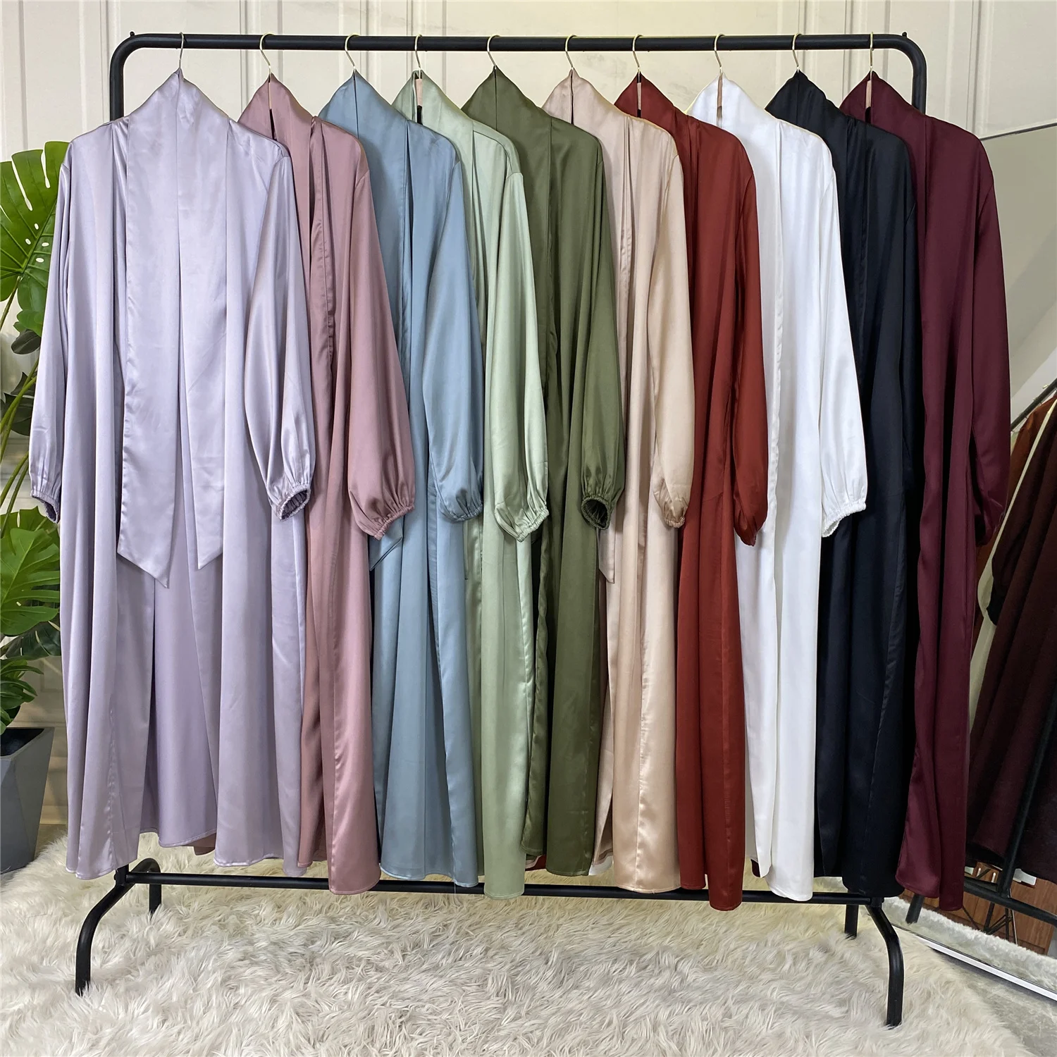 1917# New High Quality Satin Islamic Women Solid Color Fashion Clothing Front Open Abaya Long Kaftan Muslim Dress Dubai