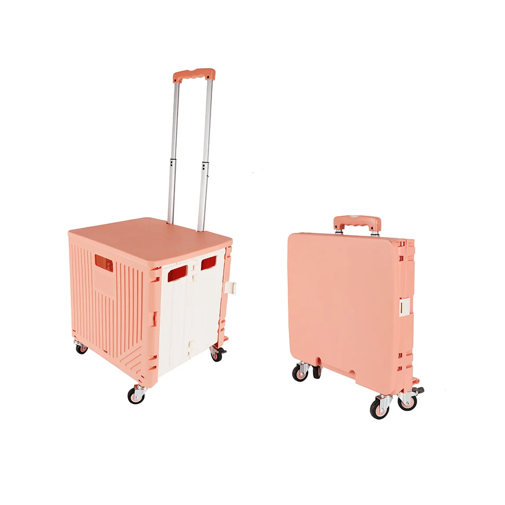 Wholesale multi-use trolley box with wheels retractable handle draw-bar box foldable plastic storage box with lid