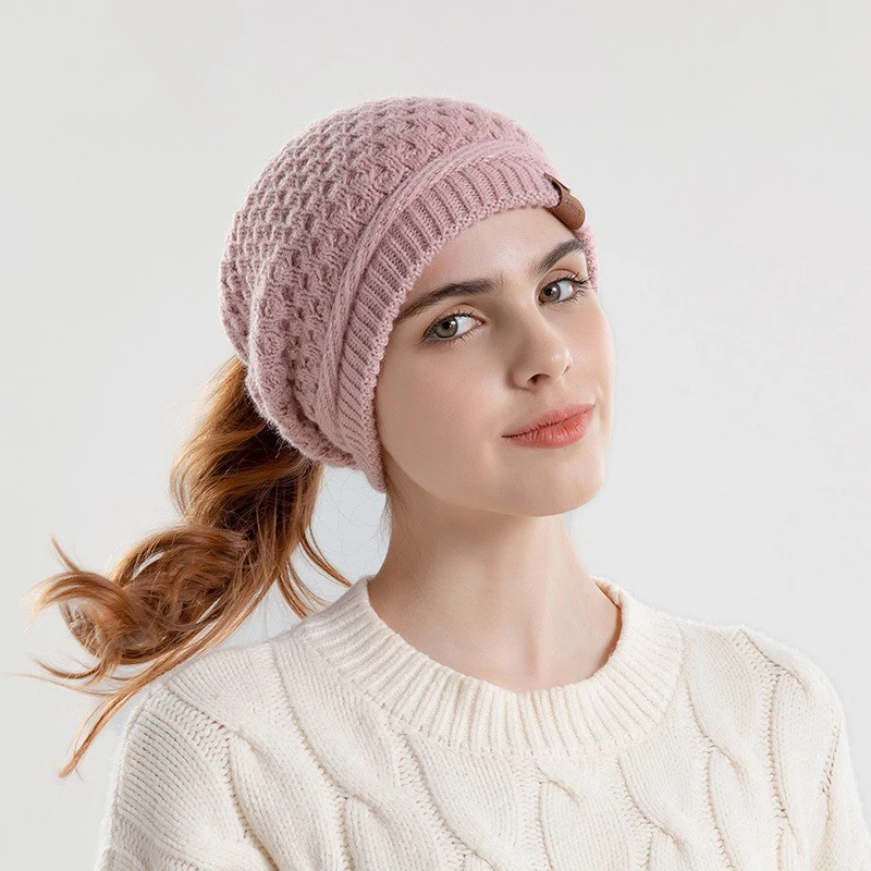 Womens Ponytail Beanie Hat with Button for Mask Cross Winter High Messy Bun Beanie Hat with Ponytail Hole