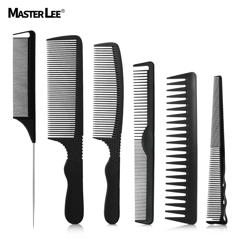 Masterlee Factory Wholesale ABS and alloy material carbon static free 6 pcs black hair cutting comb set with holster