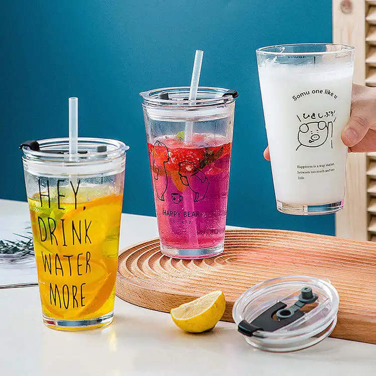 Wholesale Measuring Juice Coffee Reusable U Shaped Bubble Milk Tea Boba Cup Glass Tumbler with Straw and Lid