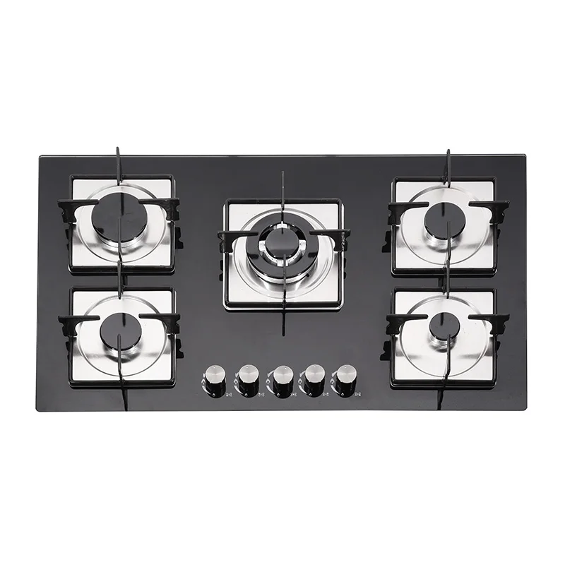 Home Use Black Tempered Glass 5 Burner Built-In Household Gas Stove Cooktops
