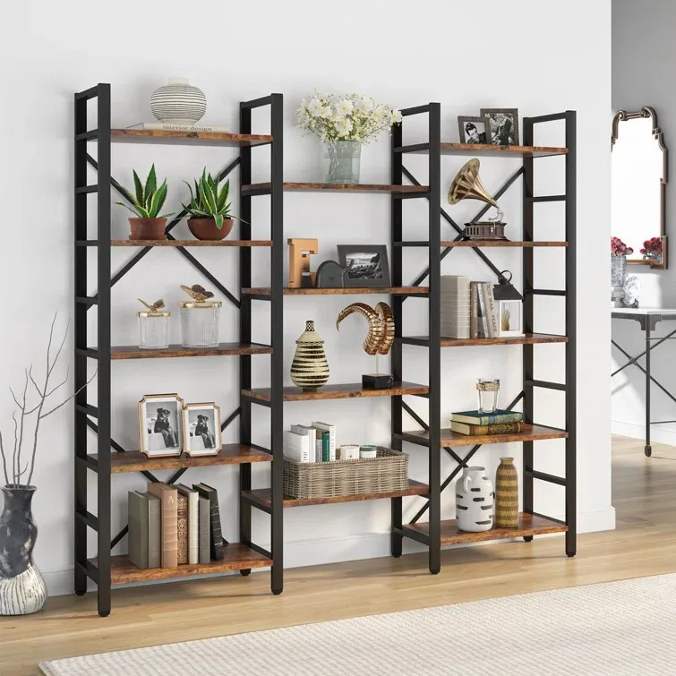 Rustic Large Open Metal Framed Bookshelf Tall Free Combination Office Bookcase Book Shelf Cabinet Rack Wood Wall Bookshelves