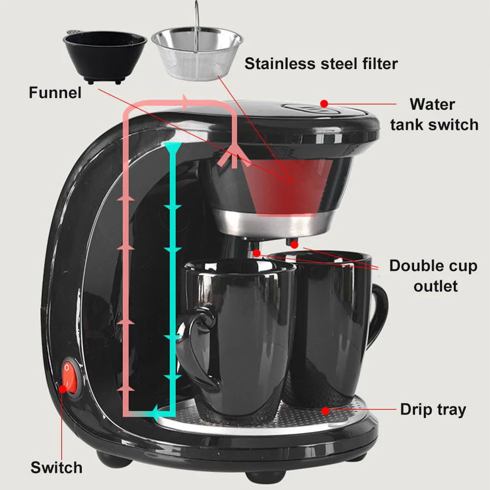 CAFEMASY Electric Drip Coffee Machine with Two Cups Portable Coffee Machine Espresso Coffee Maker for Home Use