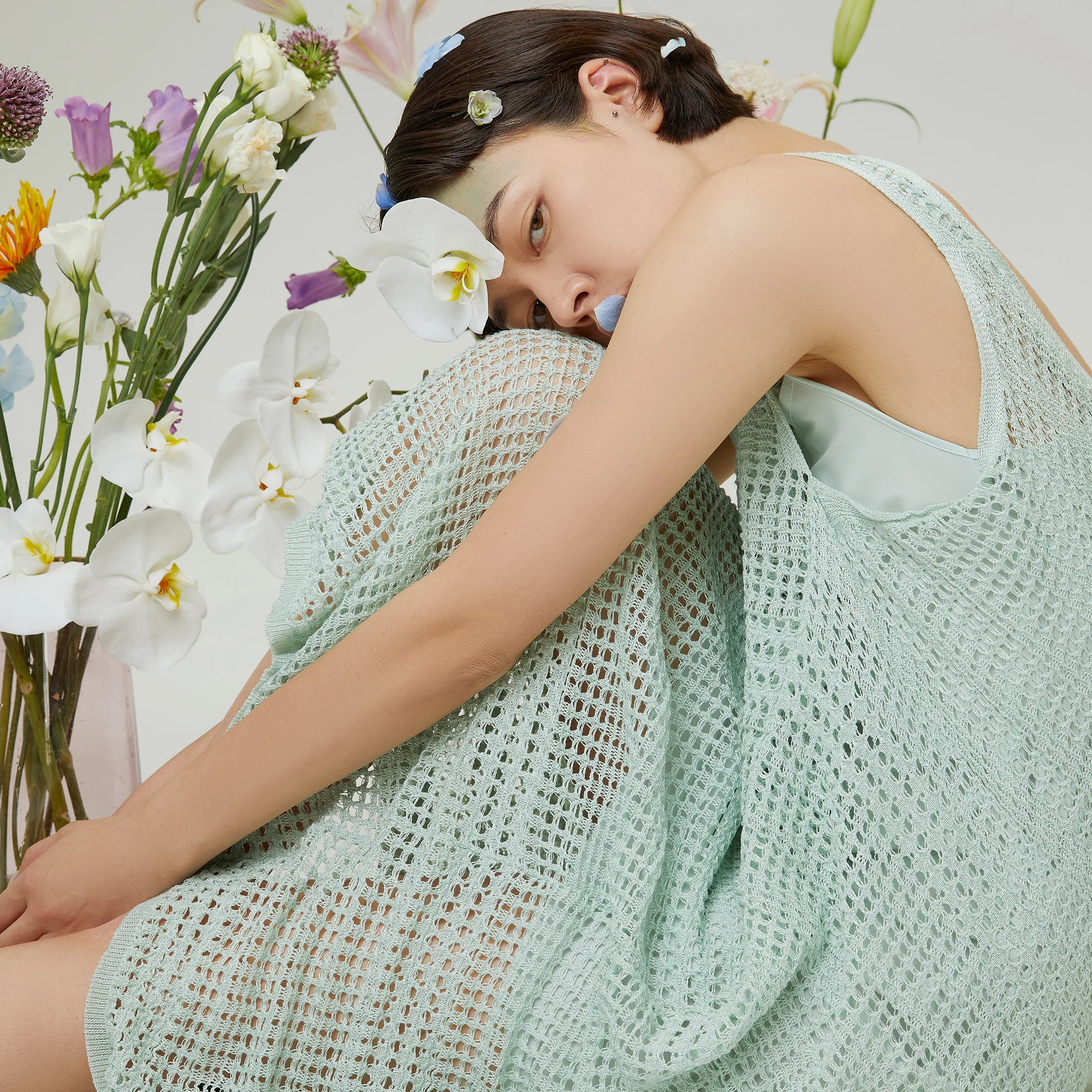 Knit Loose Long Sweater Dress Knitted Clothes Most Popular Custom Sleeveless Piontelle Women Computer Knitted V-neck Sexy & Club