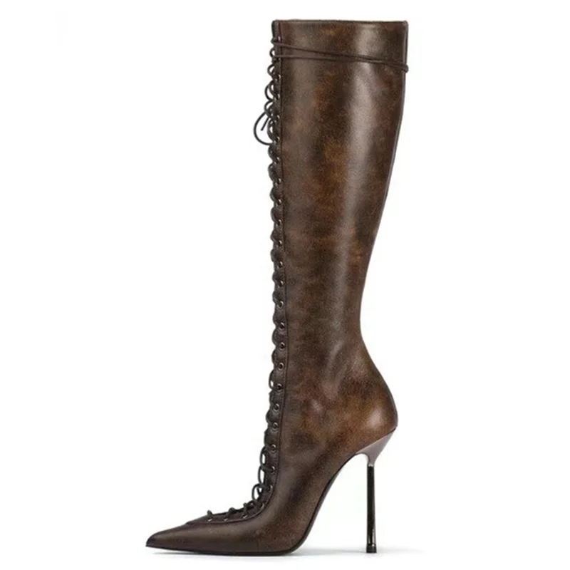 Lace Up Front Cut Out Women Knee High Boots Big Size 44 Solid Stiletto Dress Shoes Slim Heels Side Zipper  Long Boots