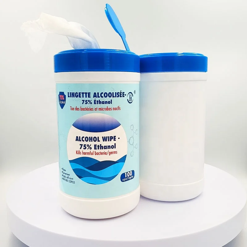 Factory Low MOQ 75% Ethyl Alcohol Antiseptic Canister 100pcs Alcohol Wipes for Cleaning Wet Wipes