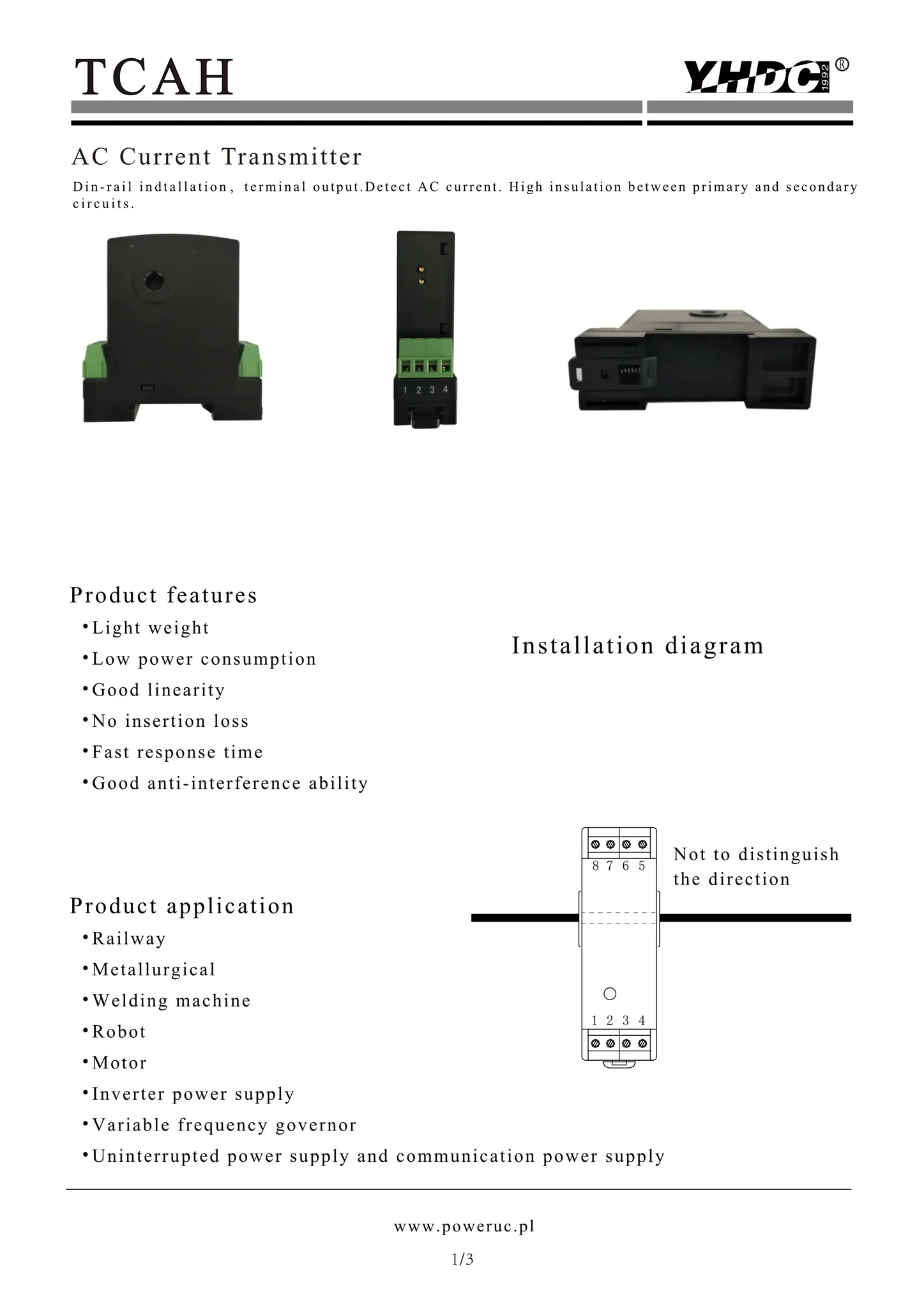 AC current transmitter Din rail mounting type current transmitter TCAH 1A to 50A AC input output 4-20mA/0-5V/0-10V DC
