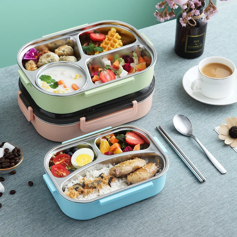 Student 304 Stainless Steel Lunch Box Grid Rectangular Belt Tableware Soup Bowl Office Lunch Box Can Be Heated with Water