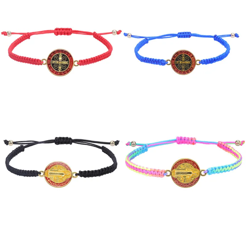 Catholic Religious Belief St. Benedict Cross Double sided Protection Medal Adjustable woven Bracelet set braided bracelets