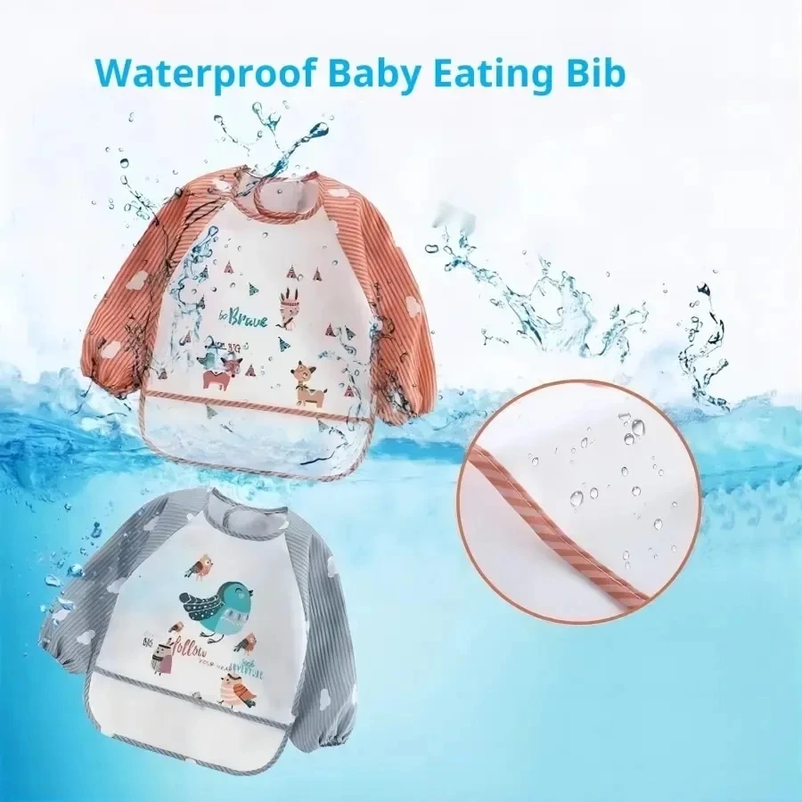 I-0132 Infant Toddler Baby Cartoon Long Sleeve Art Apron Animal Smock Soft Waterproof Baby Eating Bib