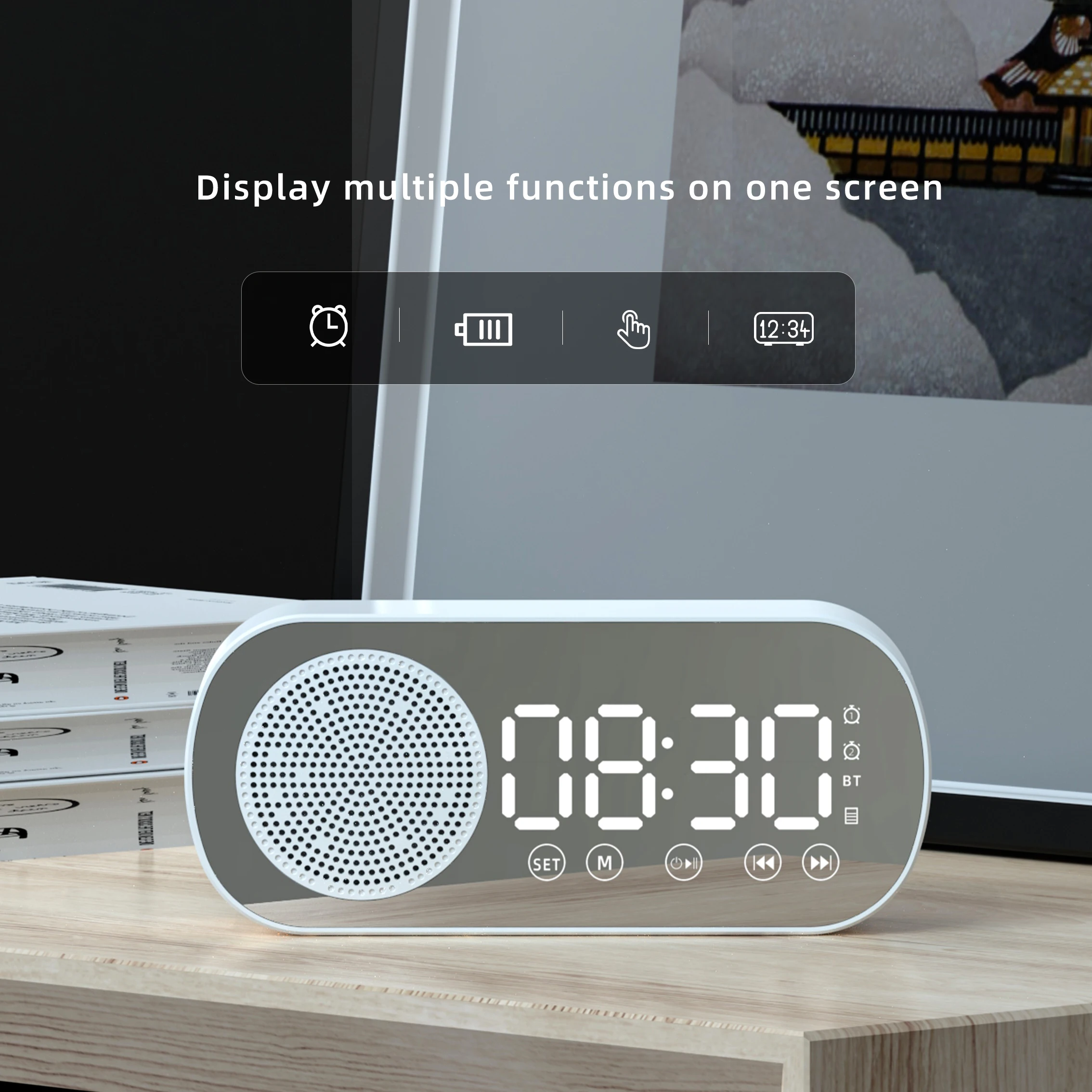 2022 New Product Alarm Clock With Mirror Digital Clock USB Charging Mini Portable Bluetooth Speaker