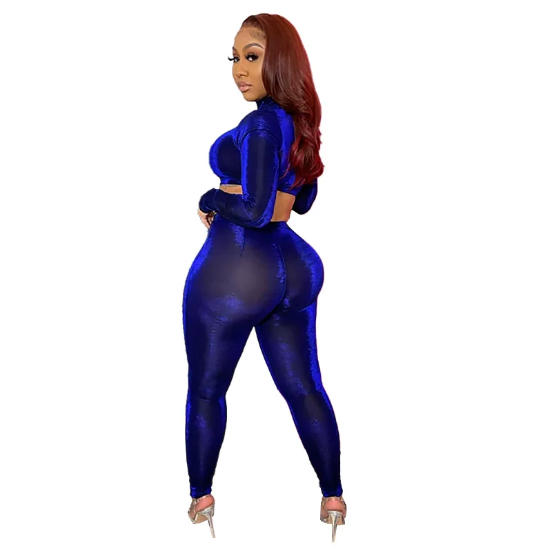 Fashion Women Casual Winter Shiny Long Sleeves Pants 2 pc Set Women Shiny Clothing Lady Sexy Fitness Bodycon Suit Set