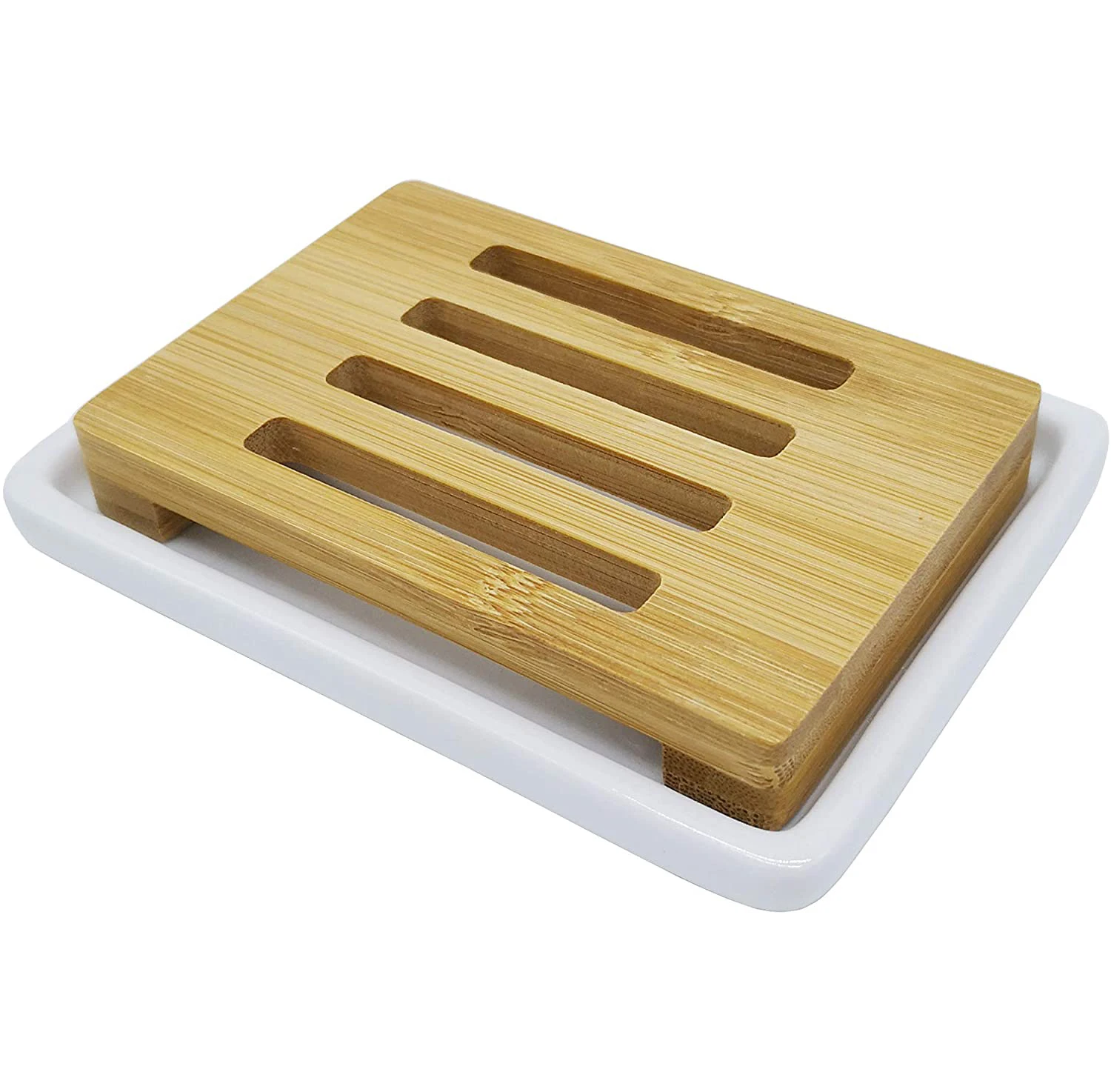 Double Layer Draining Soap Dish Bamboo Soap Holder Ceramic Soap Dish for Shower and Bathroom