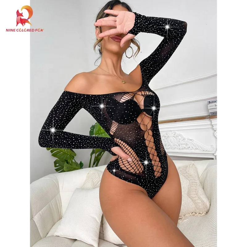 Sexy Mesh Jumpsuit One Shoulder Hollow Out Lingerie Women One Size Fit All Sexi Videos Cross Shining Rhinestones Sexy Underwear