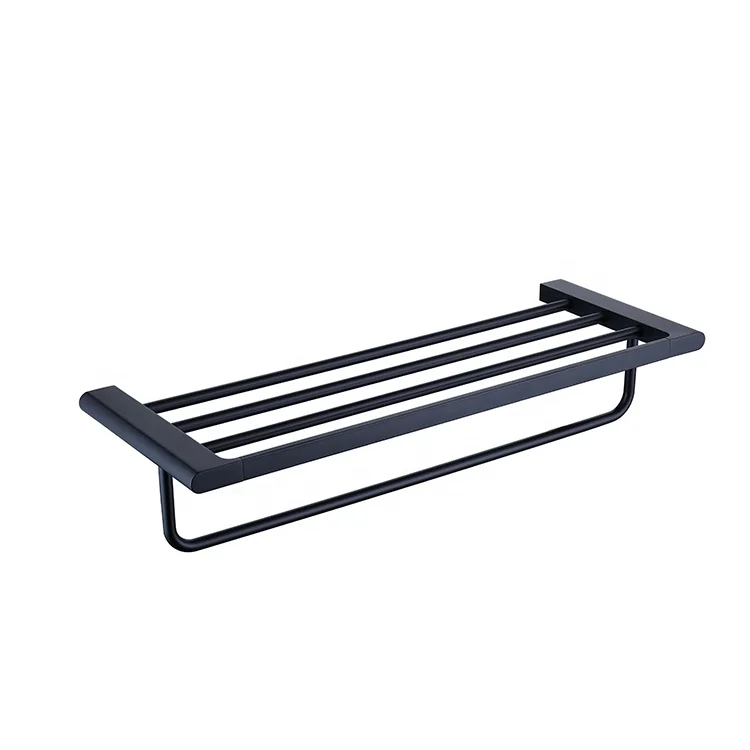 China Factory Black Double Towel Bar Shelf Rack Bathroom Accessories Wall Towel Rack
