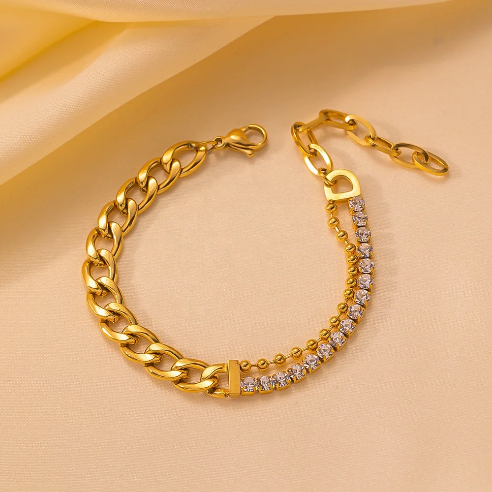 Cross-border Europe and the United States thick bracelet asymmetrical diamond bead double chain titanium steel hip hop simple