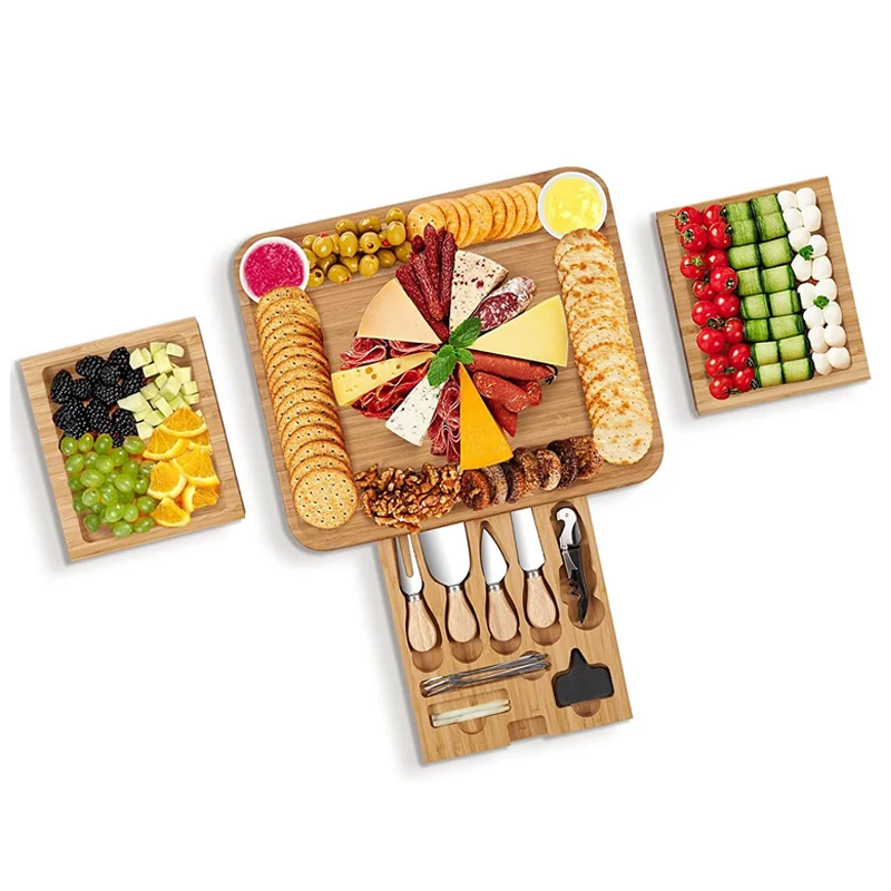 Bamboo Cheese Board 100% Organic Wood Serving Tray Charcuterie Board And Knife Set Ceramic Plates
